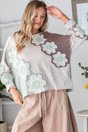 Oli & Hali Contrasting Color Top with Eyelet Lace Flower Patches in Tan