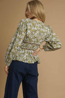 Umgee Floral Print and Leopard Print Accent Peplum Top in Mustard Green
