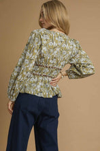 Load image into Gallery viewer, Umgee Floral Print and Leopard Print Accent Peplum Top in Mustard Green
