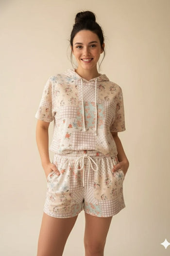 LovLov Whispered Meadow Patchwork Hooded Top And Shorts Set in Oatmeal Floral