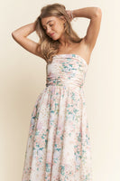 J.nna Floral Print Embroidered Strapless Midi Dress in Spring Bloom