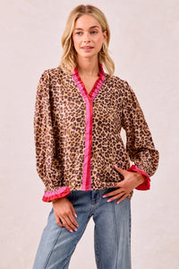 BiBi Long Sleeve Leopard Print Top with Contrasting Wavy Trim in