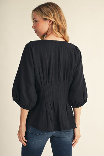 Jodifl Pintuck Waistline Detail Button Down Top in Black