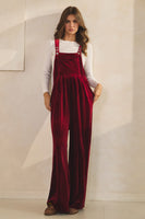 LovLov Solid Color Velvet Overalls in Burgundy Red