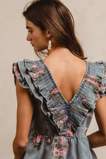 BiBi Washed Denim Top with Floral Print in Denim