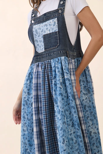 Oddi Mixed Patchwork Overall Dress in Denim Multi