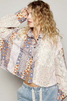 POL CROPPED Mixed Print and Crochet Top in Lavender Multi