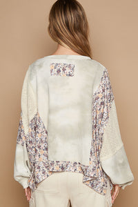 POL Tie Dye Thermal Knit Top with Contrasting Floral and Lace Fabric in Sage Multi ON ORDER