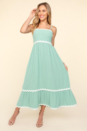 Haptics Solid Color Maxi Dress with Contrasting Ric Rac Trim in Sage FINAL SALE