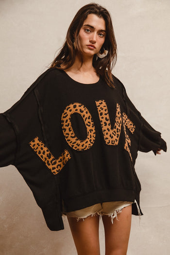 BiBi OVERSIZED Solid Color Top with Leopard "LOVE" Letter Patches in Black