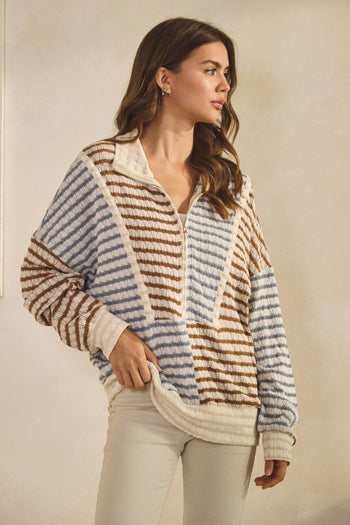 LovLov Contrasting Color Striped Textured Top in Multi Color