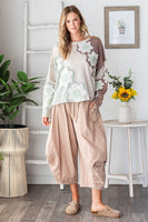 Oli & Hali Contrasting Color Top with Eyelet Lace Flower Patches in Tan