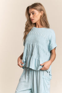 J.nna Solid Color Smocked Top in Celeste Blue