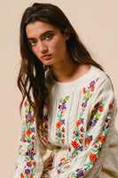 BiBi Solid Color Cable Knit Sweater with Flower Embroidery in Ivory