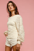 BiBi Solid Color Ribbed Top with Chenille and Sequin Floral Sleeves in Cream