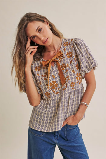 In February French Farm Bubble Sleeves Plaid Embroidered Babydoll Blouse in Dark Cobalt