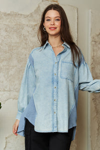 Davi & Dani Denim and Waffle Knit Button Down Top in Light Denim