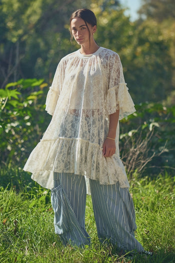 Davi & Dani OVERSIZED Sheer Lace Tunic Top in Cream