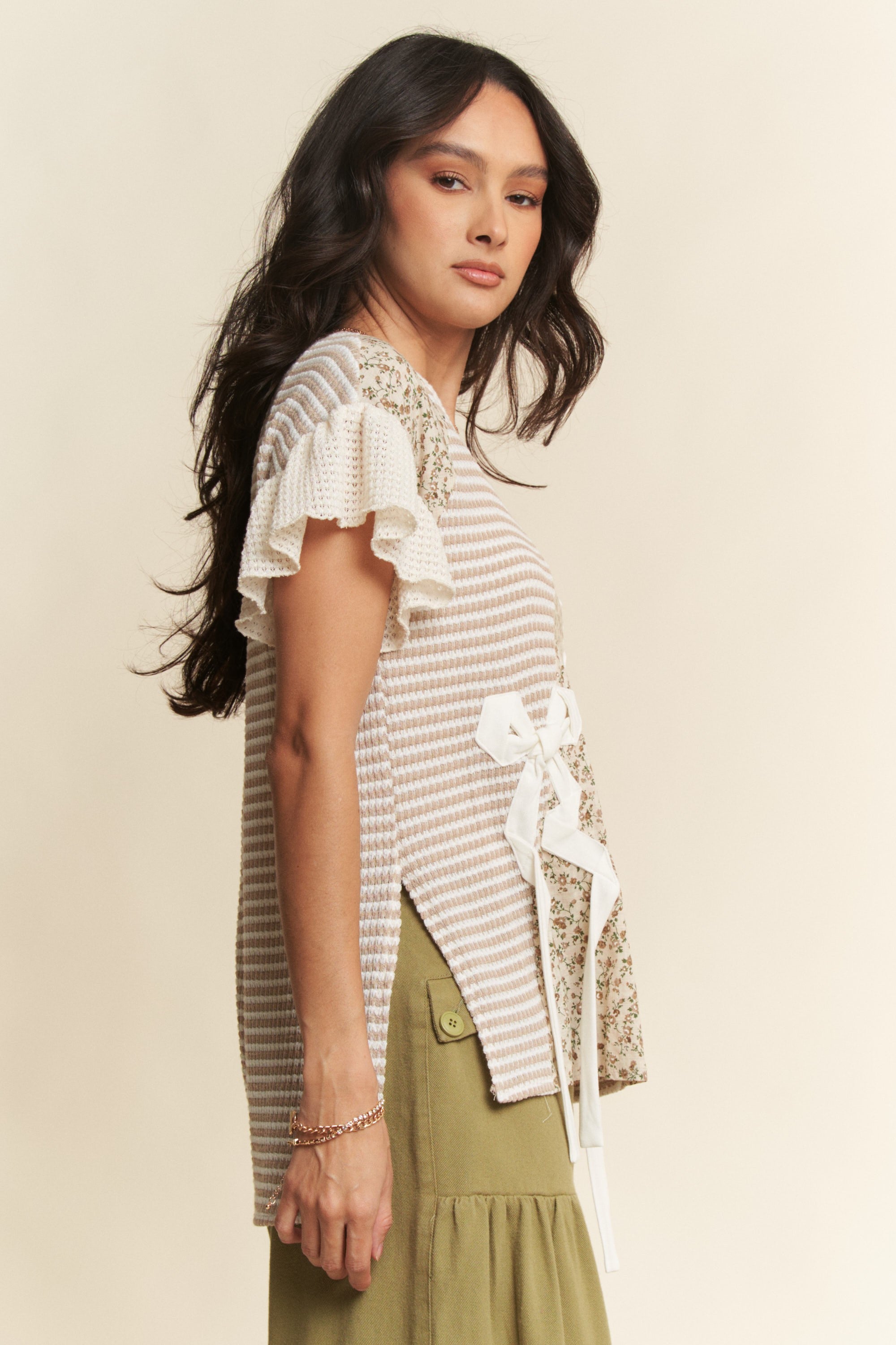 Davi & Dani Waffle Knit Color Block Mixed Print Top with Bow