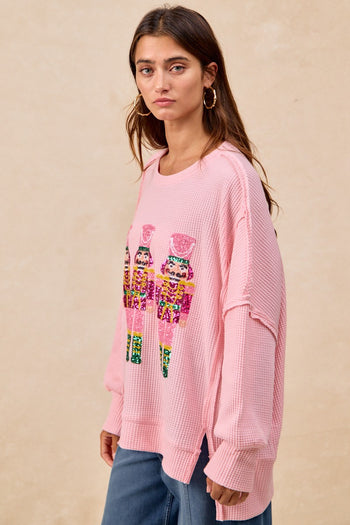 BiBi OVERSIZED Waffle Knit Top with Sequin Nutcracker Patches in Pink