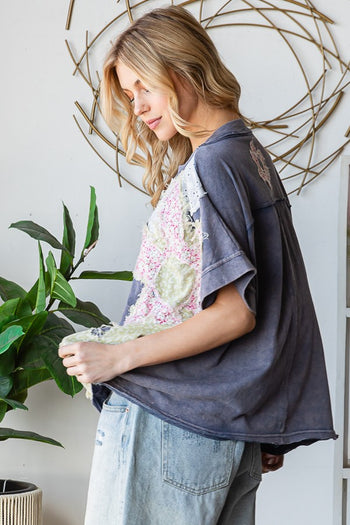 Oli & Hali OVERSIZED Mineral Washed Floral Patched Top in Navy