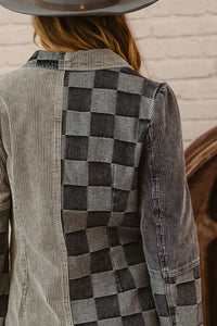 BiBi Corduroy and Denim Checkered Mixed Fabric Blazer Jacket in Denim Multi ON ORDER