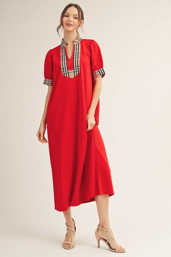 Jodifl Solid Color Midi Dress with Contrasting Classic Check in Tomato Red