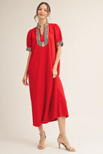Load image into Gallery viewer, Jodifl Solid Color Midi Dress with Contrasting Classic Check in Tomato Red
