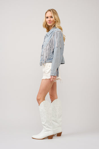 Blue B Denim Jacket with Chevron Fringe in Light Wash
