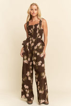 Load image into Gallery viewer, Davi &amp; Dani Floral Ruffle Square Neck Smocking Bodice Jumpsuit in Mocha Brown

