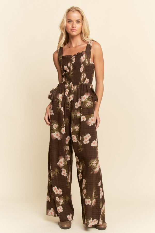 Davi & Dani Floral Ruffle Square Neck Smocking Bodice Jumpsuit in Mocha Brown
