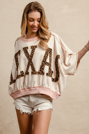 BiBi OVERSIZED Top with Leopard Print Letter Patchwork TEXAS  in Oatmeal/D.Rose