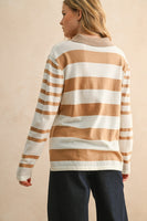 Miou Muse Soft Knit Striped Polo Top in Tan/White