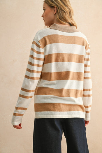 Miou Muse Soft Knit Striped Polo Top in Tan/White