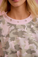 BiBi OVERSIZED Camouflage Printed Terry Cut Edge Detailed Sweatshirt in Blush/Light Olive