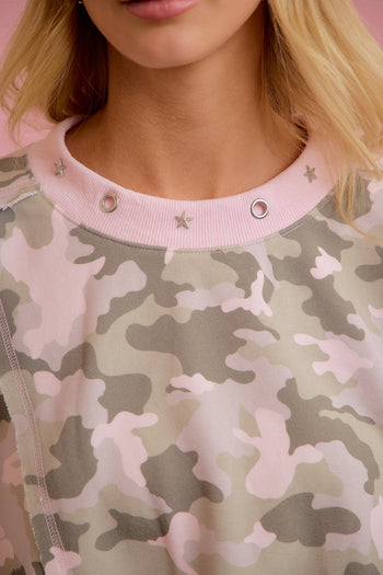 BiBi OVERSIZED Camouflage Printed Terry Cut Edge Detailed Sweatshirt in Blush/Light Olive