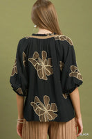 Umgee Floral Embroidered V-Neck Relaxed Top in Black