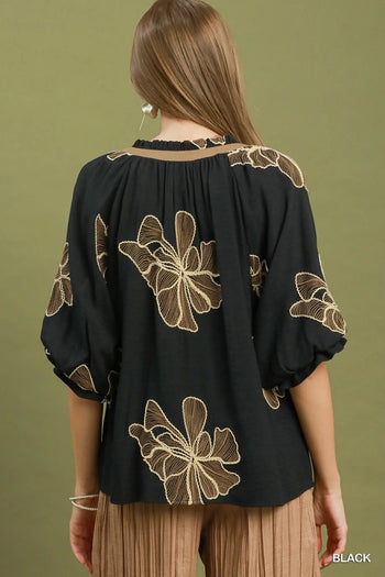 Umgee Floral Embroidered V-Neck Relaxed Top in Black