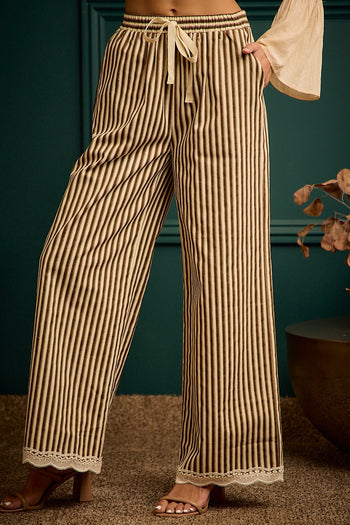 So Me Twill Stripe Banding Waist Lace Trim Hem Pants in Brown/Ivory