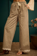 Load image into Gallery viewer, So Me Twill Stripe Banding Waist Lace Trim Hem Pants in Brown/Ivory
