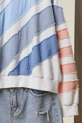 mello. Colorblock Textured Stripe Pullover Top in Off White