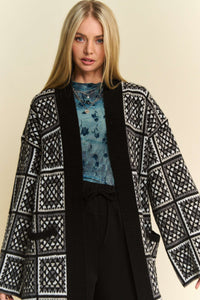 Davi & Dani Granny Square Open Front Long Cardigan in Black Multi