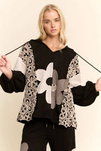 Load image into Gallery viewer, Davi &amp; Dani OVERSIZED Hooded Mixed Fabric Top with Flower Patch in Black Cream

