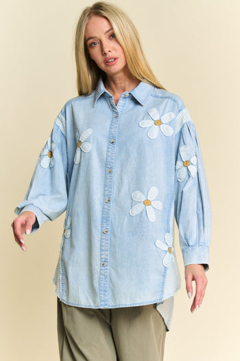 Davi & Dani Chambray and Waffle Knit Top with Daisy Patches in Light Denim