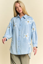 Load image into Gallery viewer, Davi &amp; Dani Chambray and Waffle Knit Top with Daisy Patches in Light Denim

