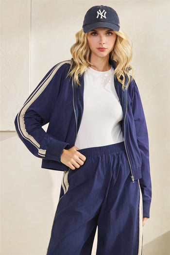 Veveret Nylon Track Jacket with Lace Details in Navy