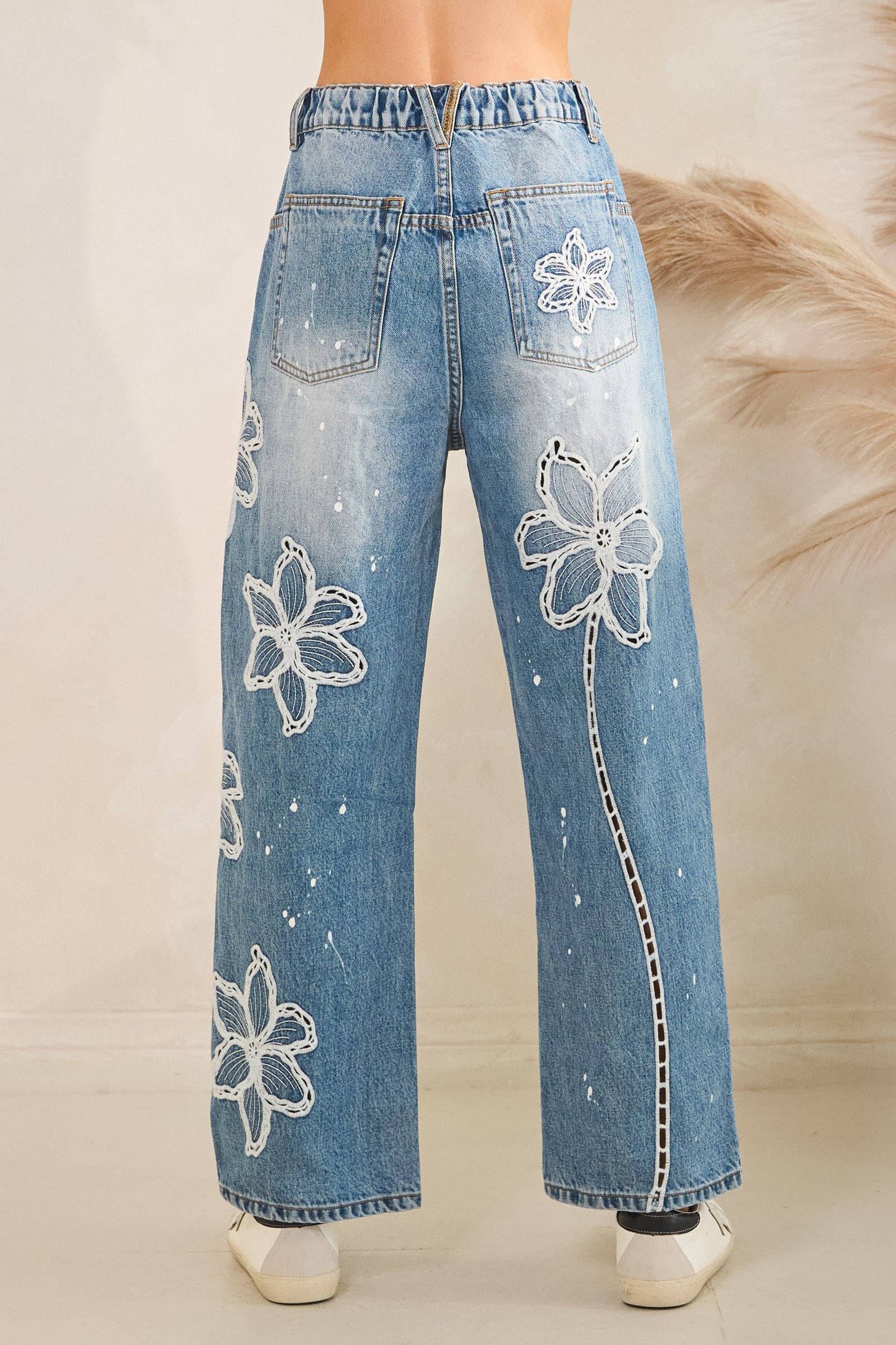Oli & Hali Floral Embroidered and Splatter Paint Jeans in Denim