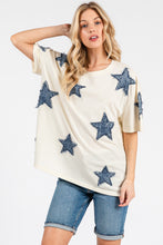 Load image into Gallery viewer, Sage+Fig OVERSIZED Top with Frayed Edge Denim Stars in Cream

