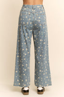 Davi & Dani High Waisted Floral Print Pants in Blue Denim