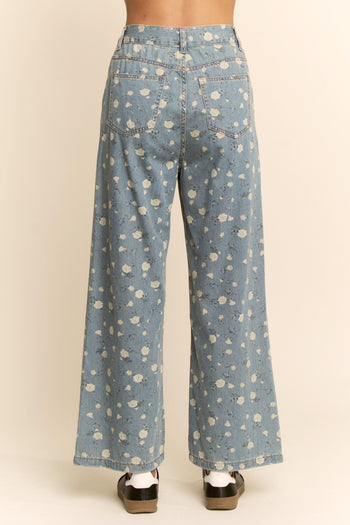 Davi & Dani High Waisted Floral Print Pants in Blue Denim